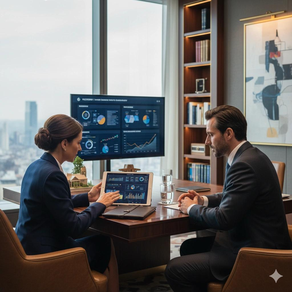 Business professionals reviewing a portfolio plan together in a modern office